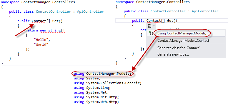 Usando a assistência do Intellisense para declarações de namespace