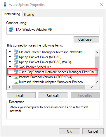 Propriedades do adaptador TAP-Windows que mostram o item Cisco AnyConnect desmarcado