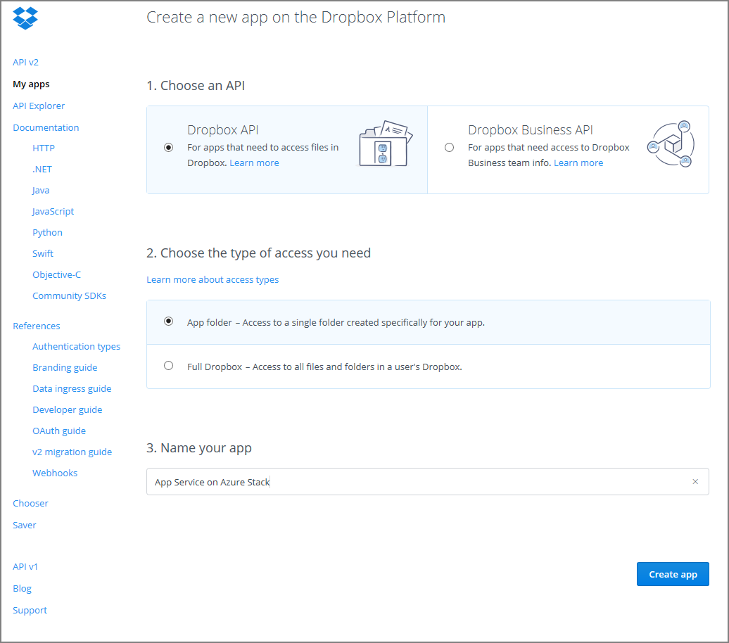 Registo de aplicações do Dropbox