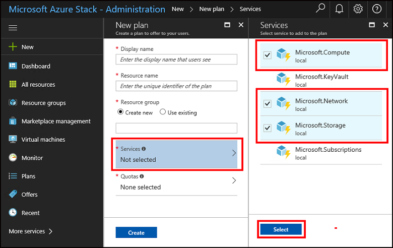 Selecionar serviços para novo plano no Azure Stack Hub