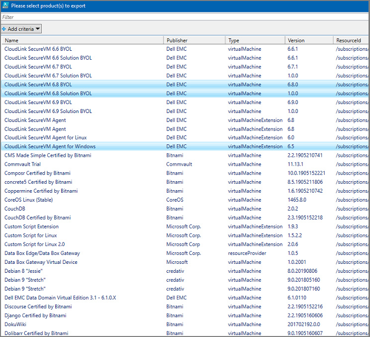 Captura de ecrã que mostra outra lista de todos os registos do Azure Stack disponíveis na subscrição selecionada.