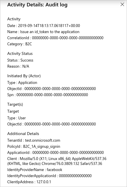 Exemplo da página Detalhes da Atividade do Registo de Auditoria no portal do Azure