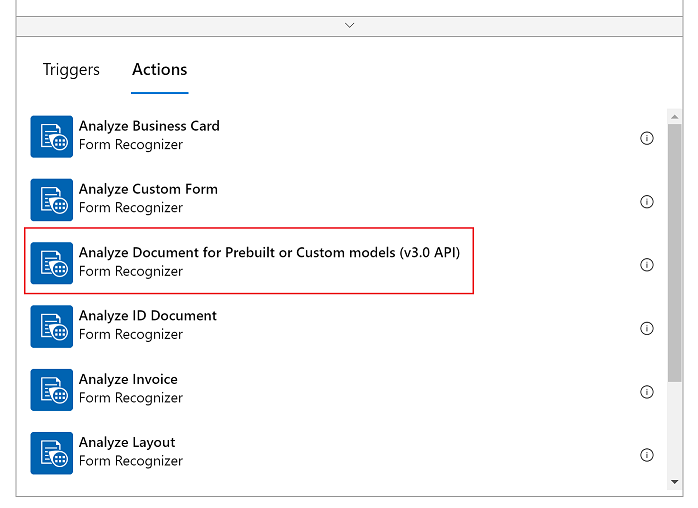 Captura de ecrã do botão de seleção Analisar documento para modelos pré-construídos ou personalizados (API v3.0).