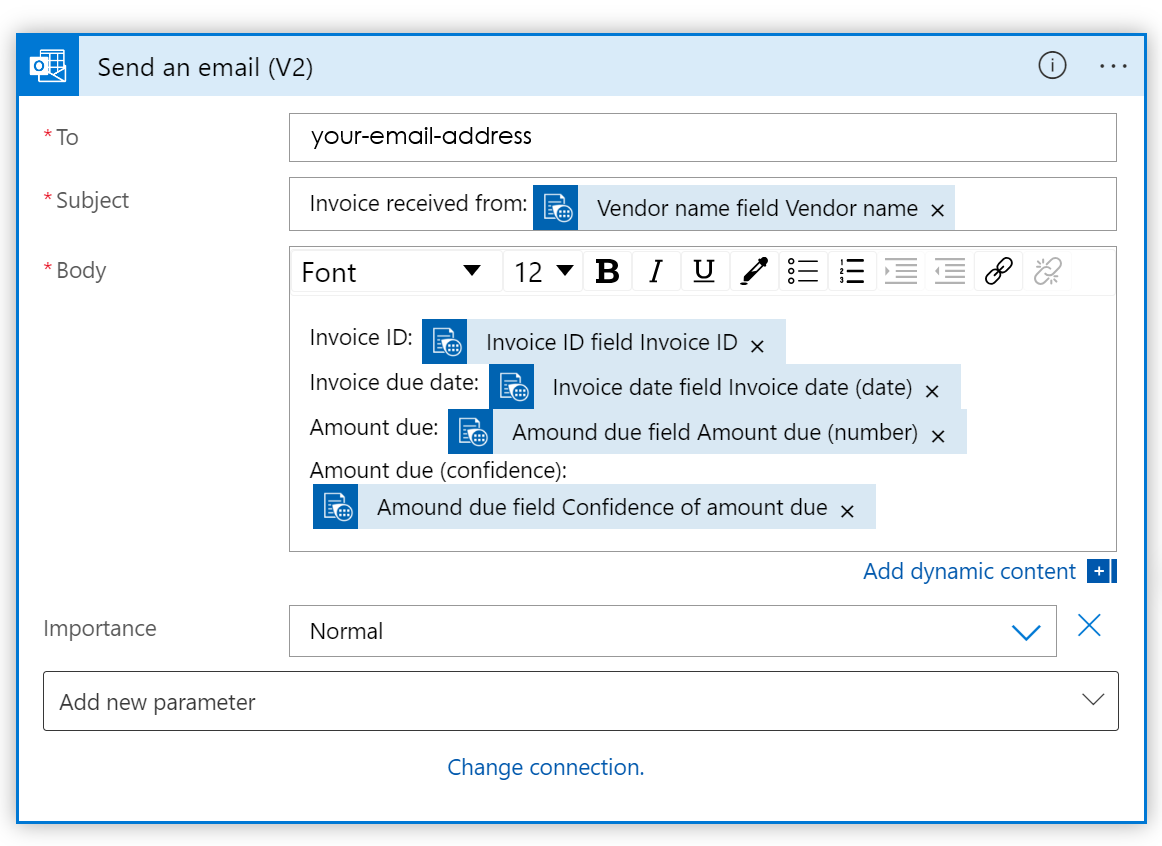 Captura de ecrã dos campos do Outlook preenchidos.