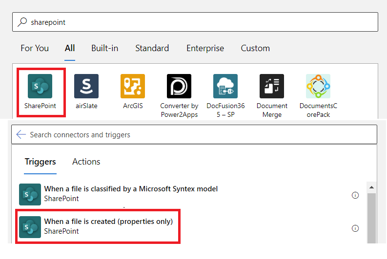 Captura de tela do conector do SharePoint e da página de seleção de gatilho.