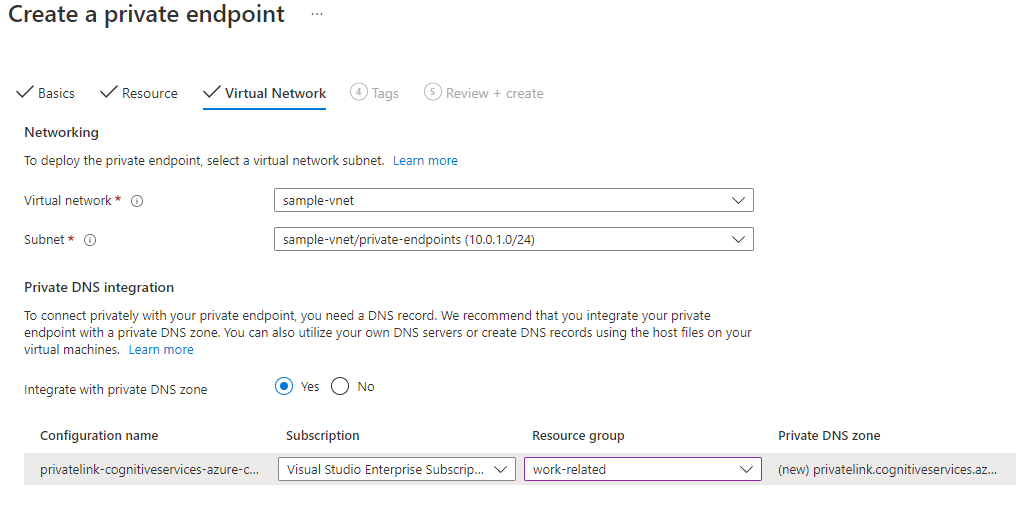 Captura de tela mostrando como configurar o ponto de extremidade privado.