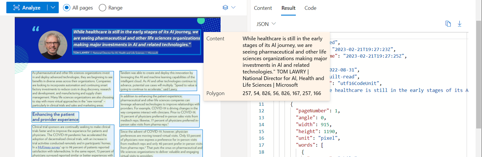 Captura de tela da análise do modelo de leitura usando o Document Intelligence Studio.