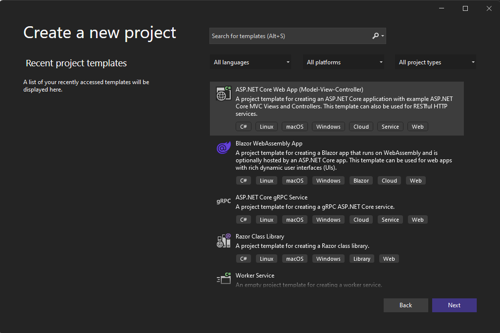 Captura de tela da tela do Visual Studio para criar um novo projeto.