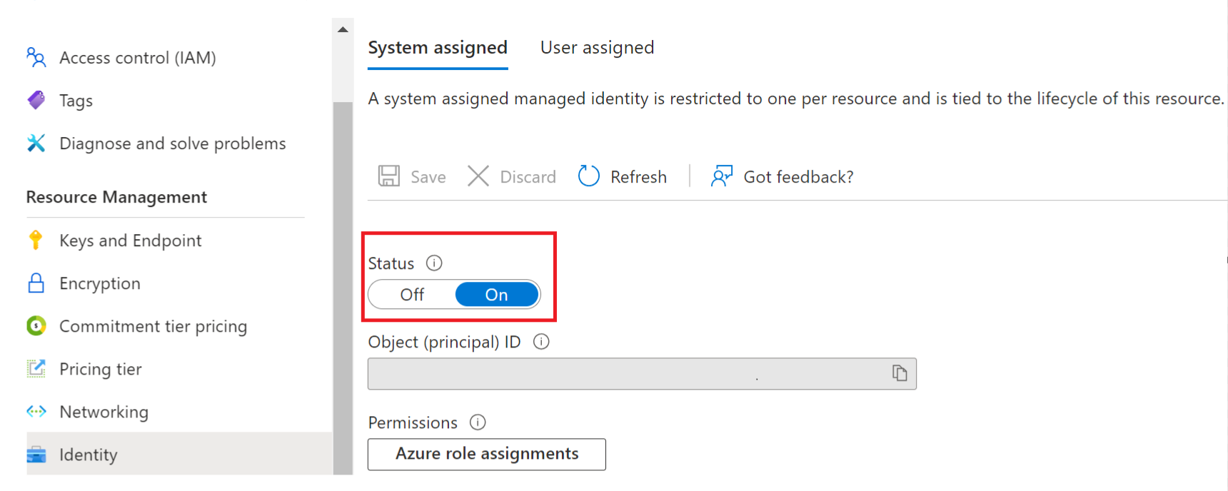 Captura de ecrã que mostra o separador de identidade de gestão de recursos no portal do Azure.