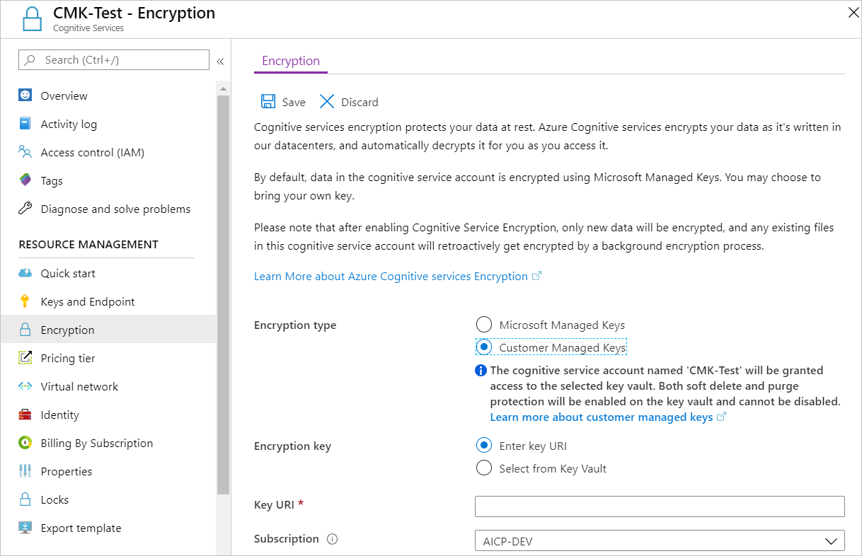 Captura de ecrã da página Definições de encriptação para um recurso de serviços de IA do Azure. Em Tipo de criptografia, a opção Chaves gerenciadas pelo cliente está selecionada.