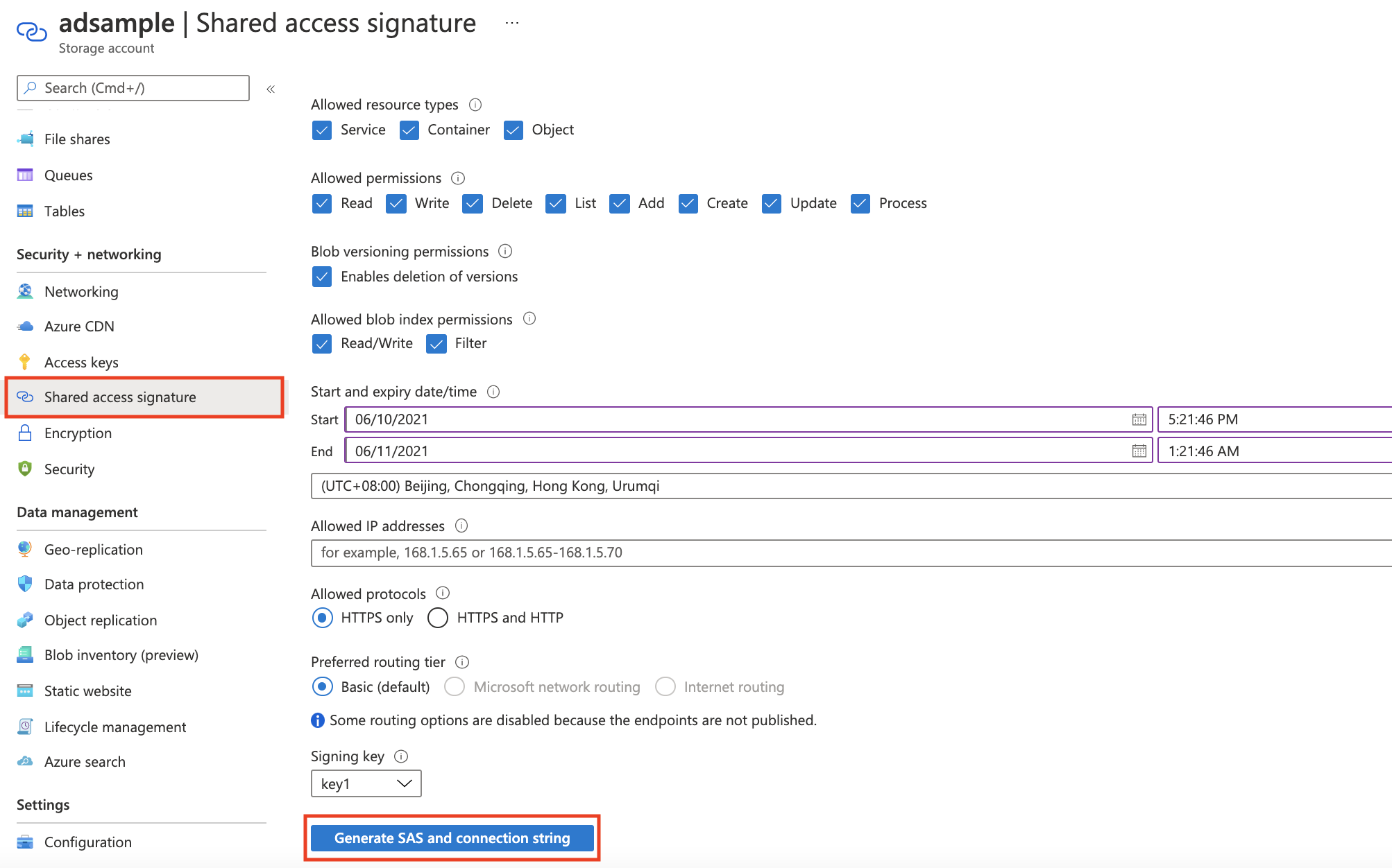 Captura de tela que mostra como gerar a assinatura de acesso compartilhado no Armazenamento de Tabela do Azure.