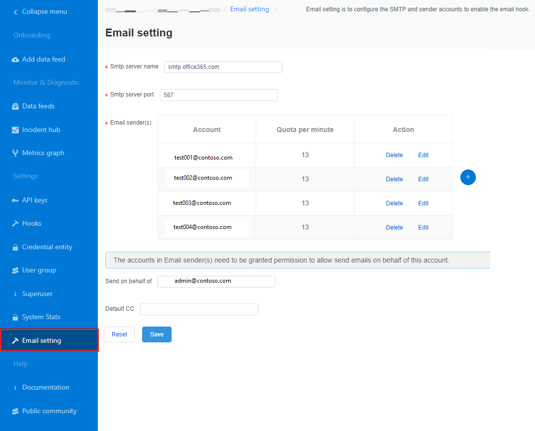 Captura de ecrã que mostra um exemplo de um servidor SMTP configurado