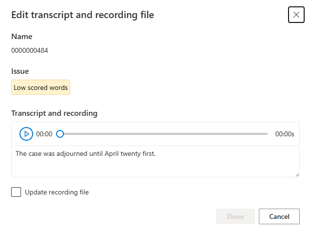 Captura de tela da exibição da janela Editar transcrição e arquivo de gravação.