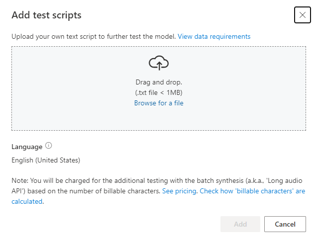 Captura de tela do upload de scripts de teste de modelo.