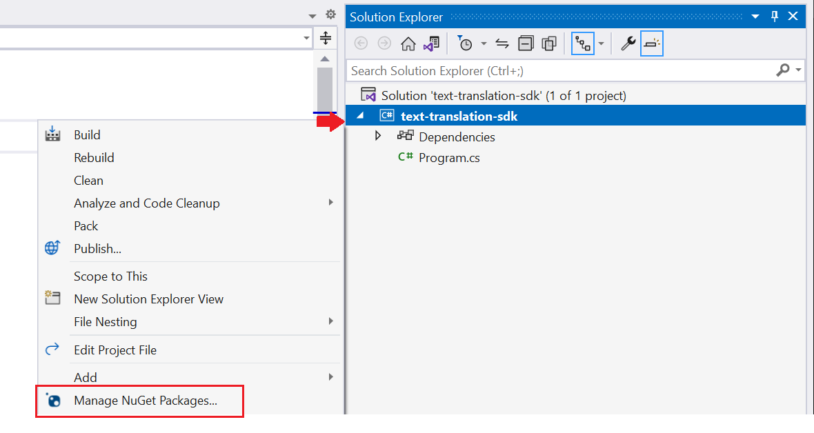 Captura de tela da janela de pacote NuGet selecionada no Visual Studio.