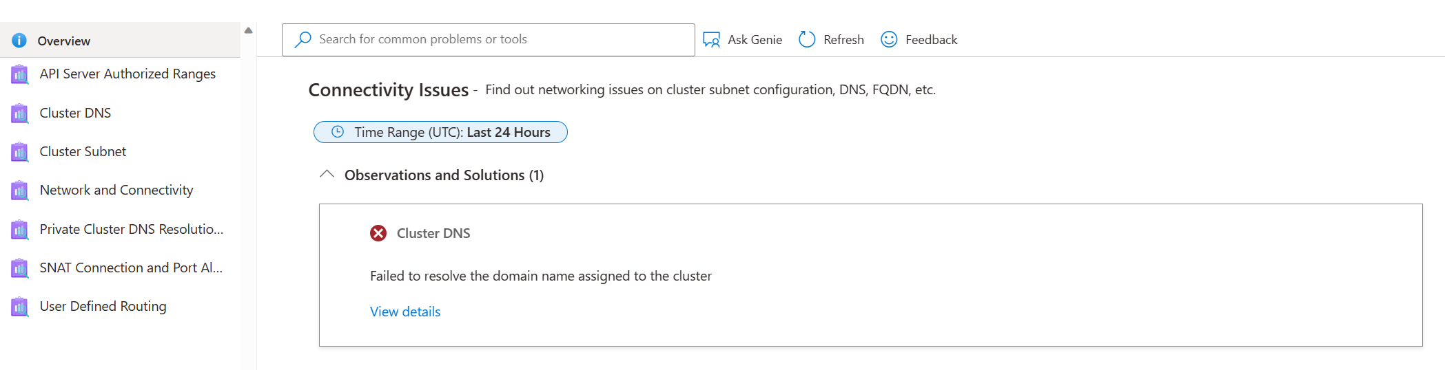 Screenshot do AKS Diagnosticar e resolver problemas - Networking.