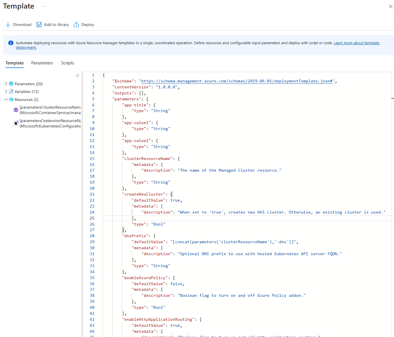 Captura de tela mostrando um modelo do ARM para um aplicativo do Kubernetes.