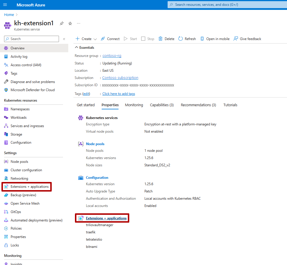 A página do portal do Azure para o cluster AKS é exibida. “Extensões + Aplicativos” está realçada.