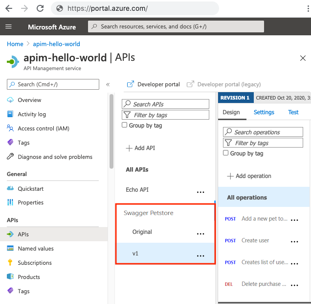 Captura de ecrã a mostrar versões de API no portal do Azure.