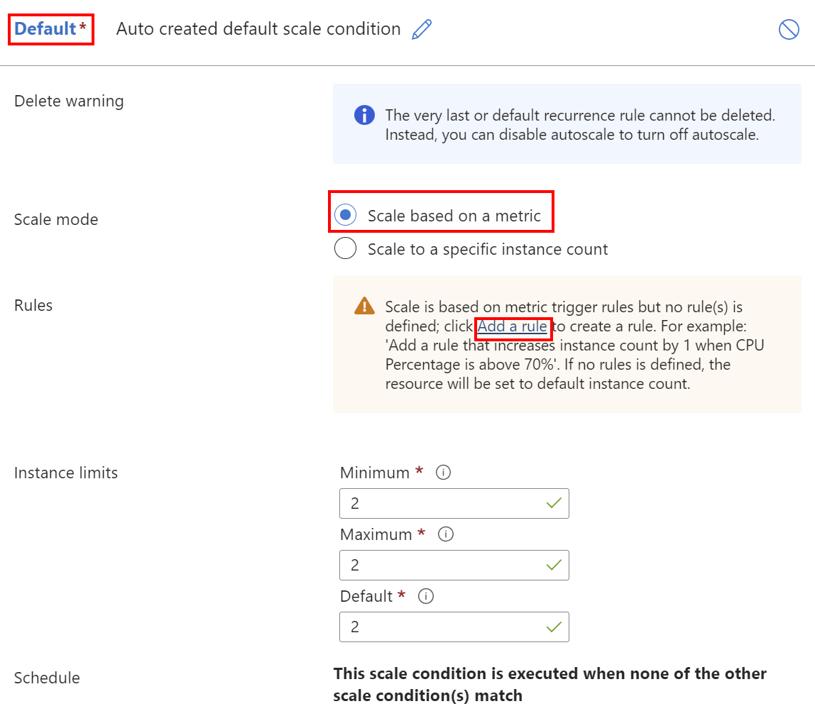 Captura de tela da configuração da condição de escala padrão no portal.