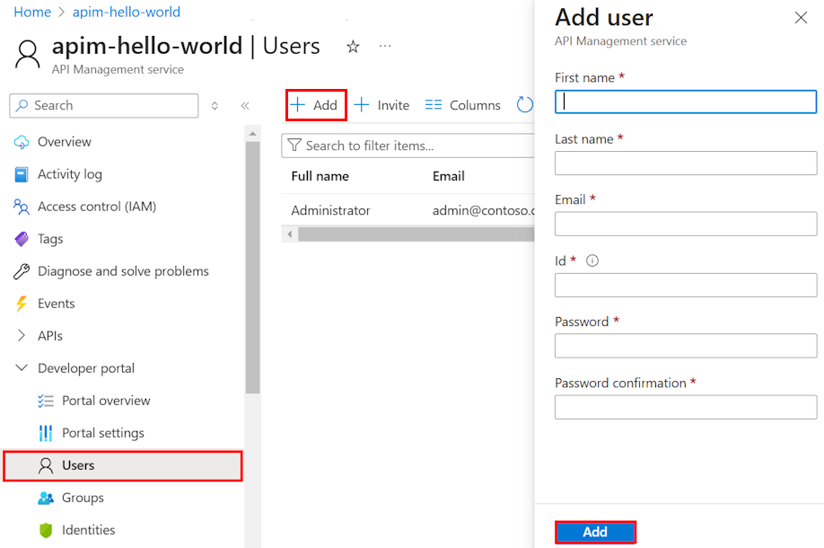 Captura de ecrã a mostrar a adição de um utilizador no portal.