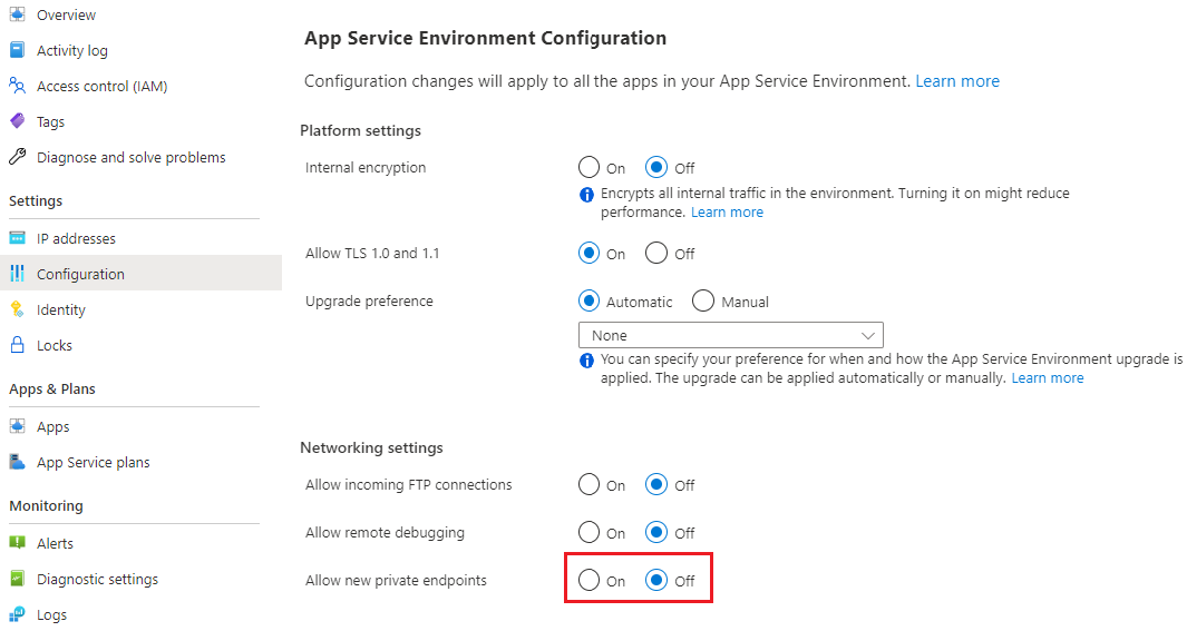 Captura de ecrã a partir de portal do Azure de como configurar a sua Ambiente do Serviço de Aplicações para permitir a criação de novos pontos finais privados para aplicações.