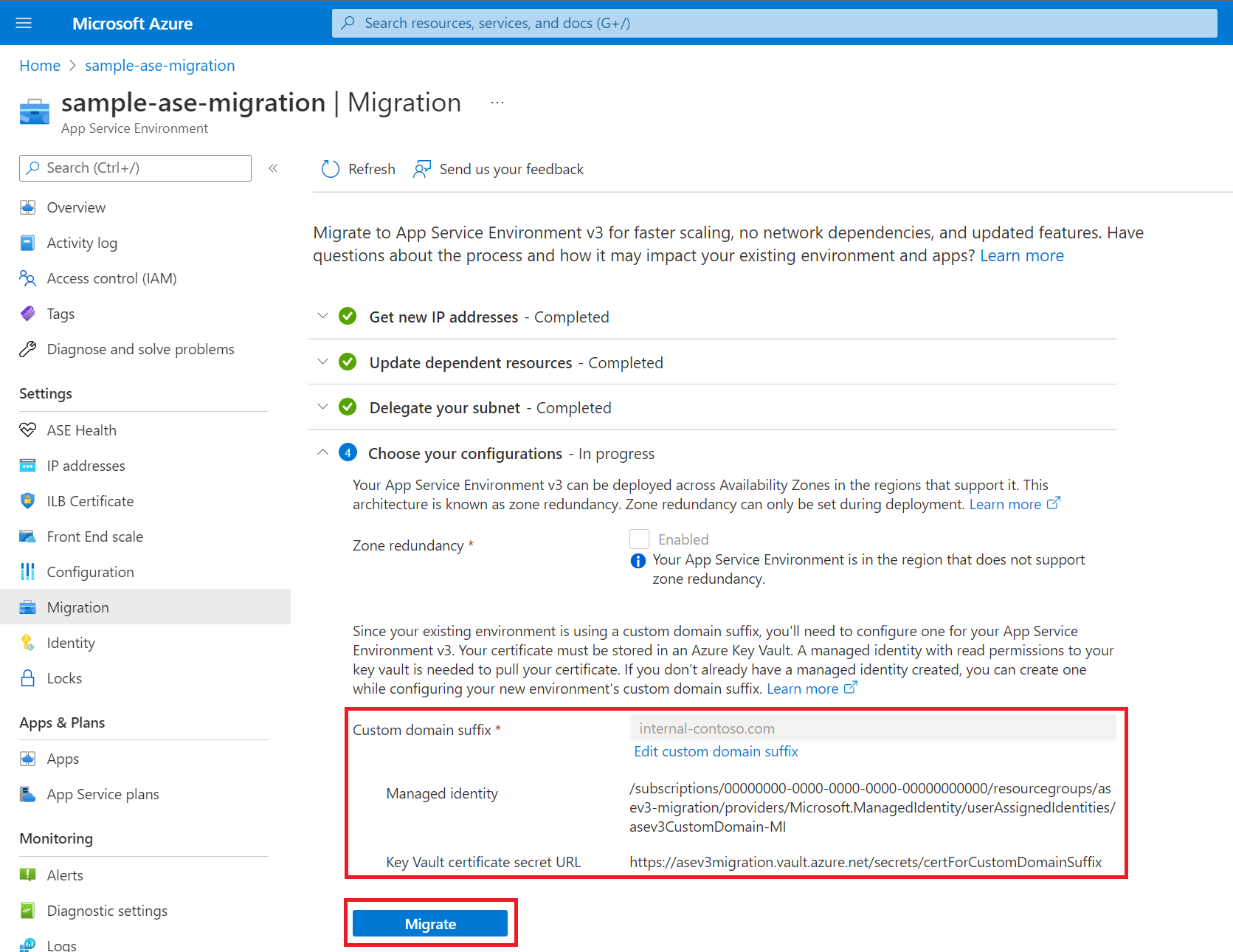 Captura de tela que mostra que os detalhes de configuração foram adicionados e o ambiente está pronto para migração.