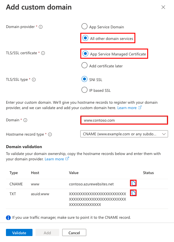 Uma captura de tela mostrando como configurar um novo domínio personalizado, juntamente com um certificado gerenciado.