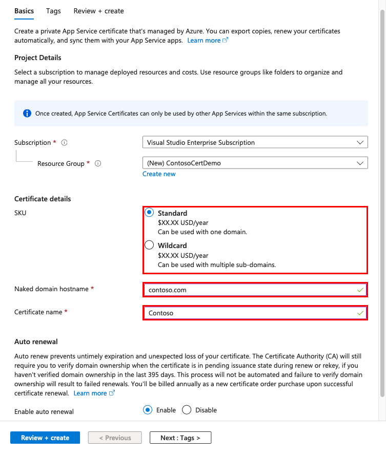 Captura de ecrã do painel Criar certificado do Serviço de Aplicação com opções de compra.