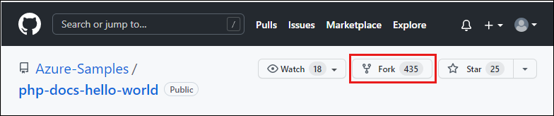 Captura de tela do repositório Azure-Samples/php-docs-hello-world no GitHub, com a opção Fork realçada.