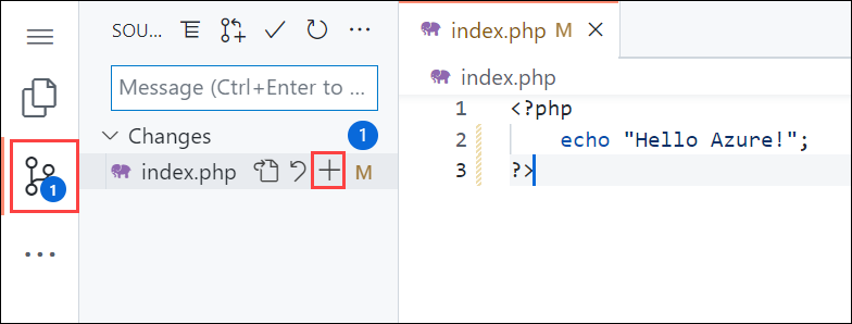 Captura de tela do Visual Studio Code no navegador, destacando a navegação do Controle do Código-Fonte na barra lateral e, em seguida, realçando o botão Alterações de Estágio no painel de Controle do Código-Fonte.