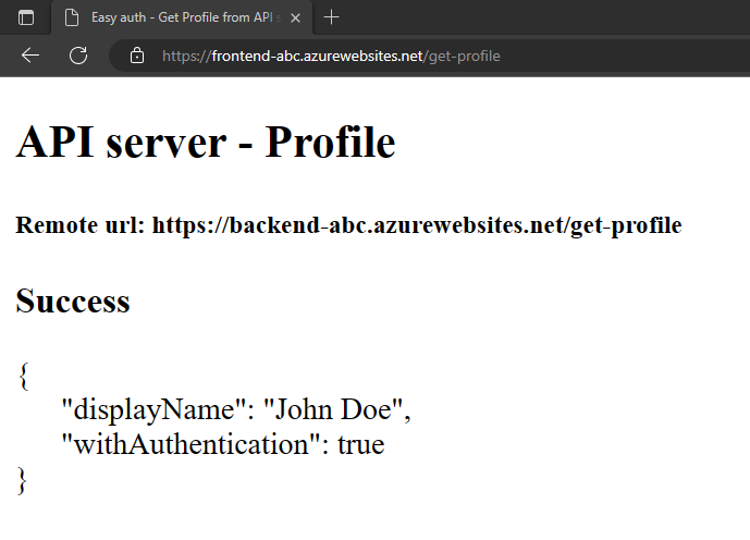 Screenshot do navegador web mostrando o aplicativo frontend depois de obter com sucesso perfil falso do aplicativo backend.