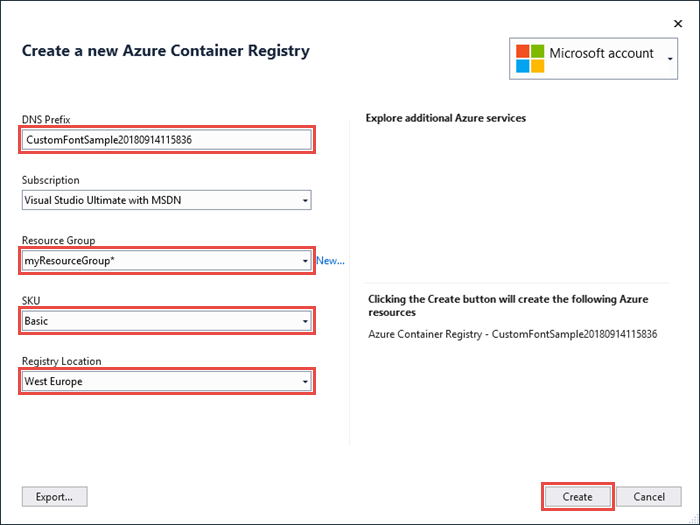 Captura de ecrã da página Criar um novo Registo de Contentor do Azure.