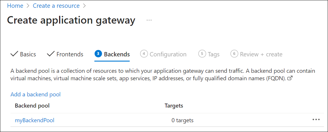 Captura de tela da criação de um novo gateway de aplicativo: back-ends.