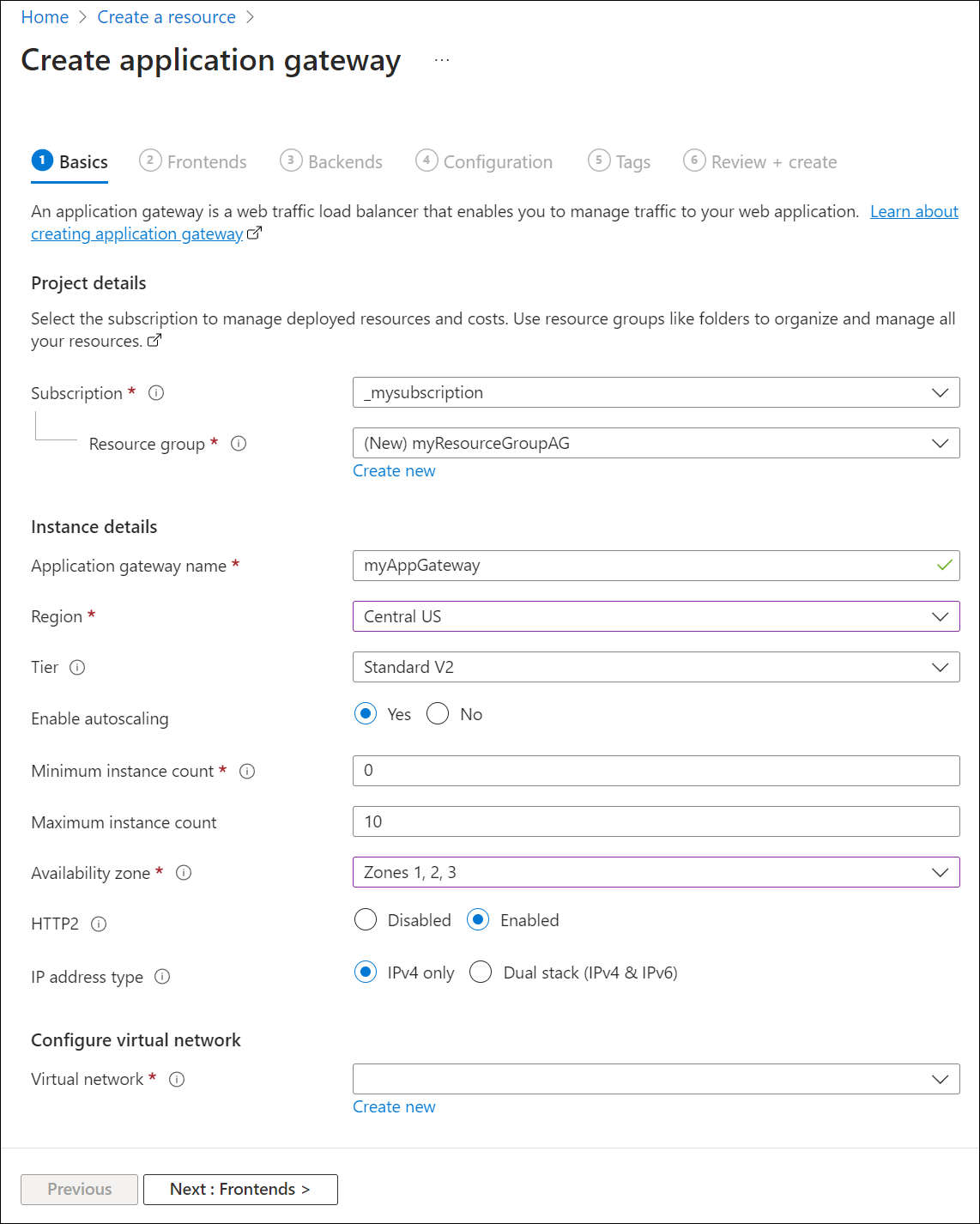 Captura de tela da criação de um novo gateway de aplicativo: noções básicas.