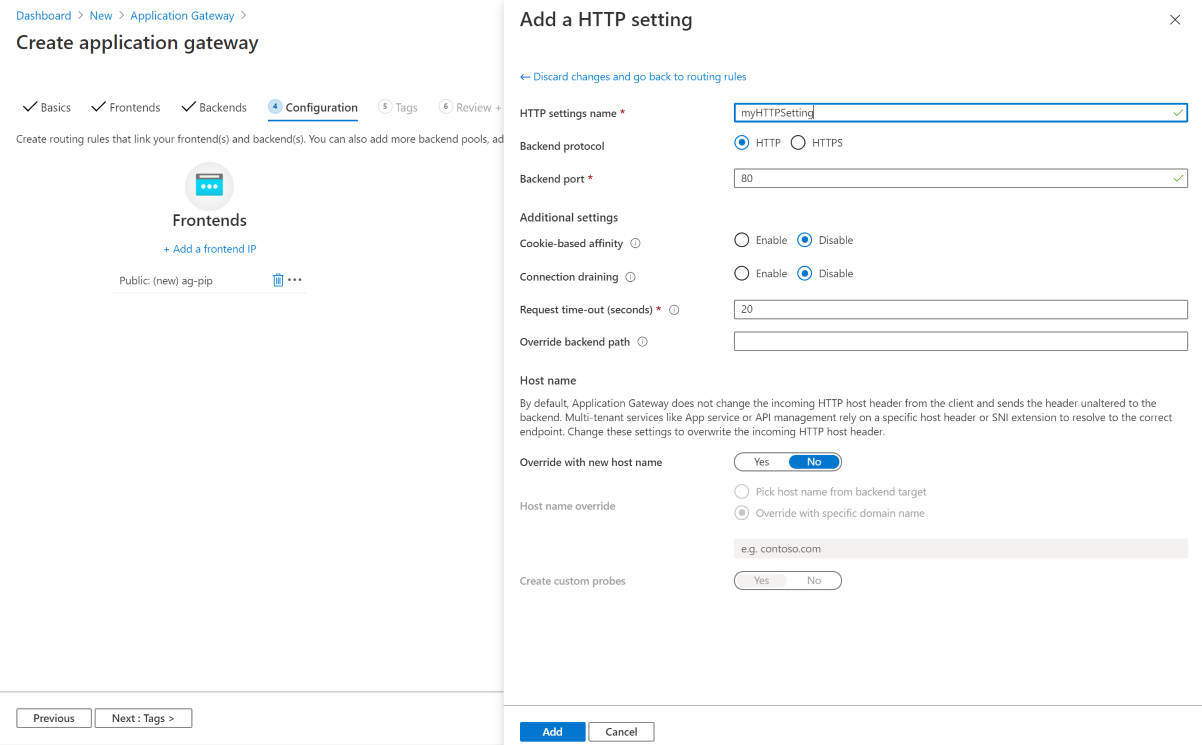 Captura de tela da configuração Adicionando H T T P na guia de configuração de Criar novo gateway de aplicativo