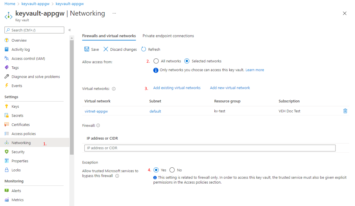 Captura de tela que mostra seleções para configurar o Application Gateway para usar firewalls e redes virtuais.