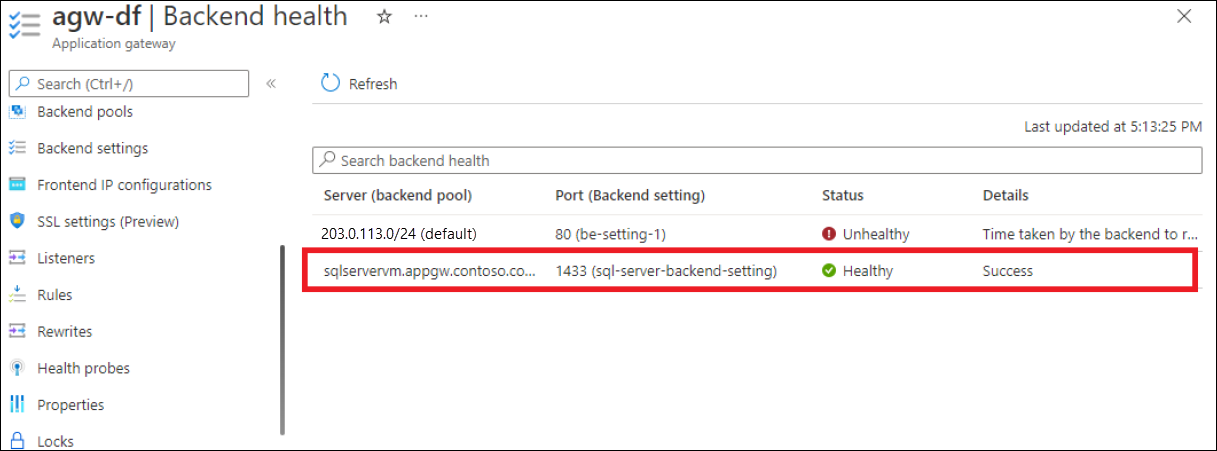 A captura de tela mostra a integridade de membros individuais de pools de back-end.