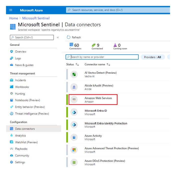 Screenshot of the Microsoft Sentinel Data connectors page that shows the Amazon Web Services connector.