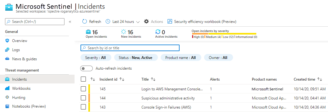 Screenshot of the Microsoft Sentinel Incidents page. A table lists basic data for incidents. A Product names column contains the incident source.