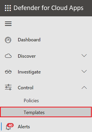Screenshot of the Defender for Cloud Apps left navigation window with Templates called out.