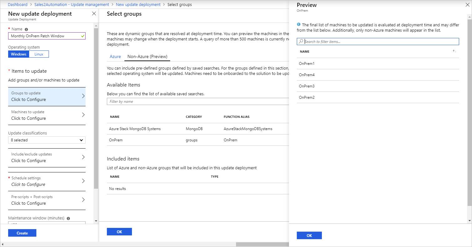 A captura de ecrã mostra a página Selecionar grupos para Não Azure (Pré-visualização) e o painel Pré-visualização no lado direito.