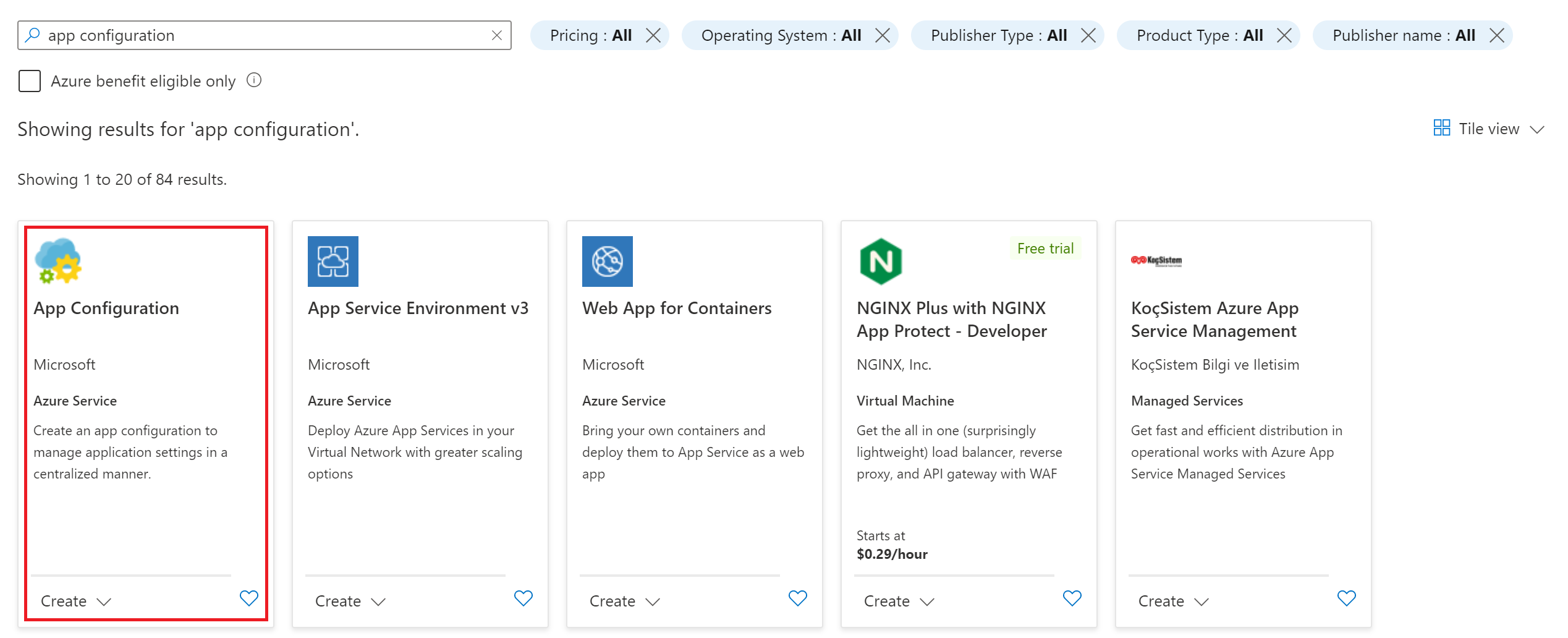 Nos resultados da Pesquisa do MarketPlace, a Configuração do Aplicativo é realçada