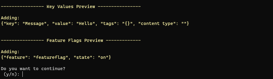 Captura de ecrã da CLI. Importar do prompt de confirmação Configuração do aplicativo.