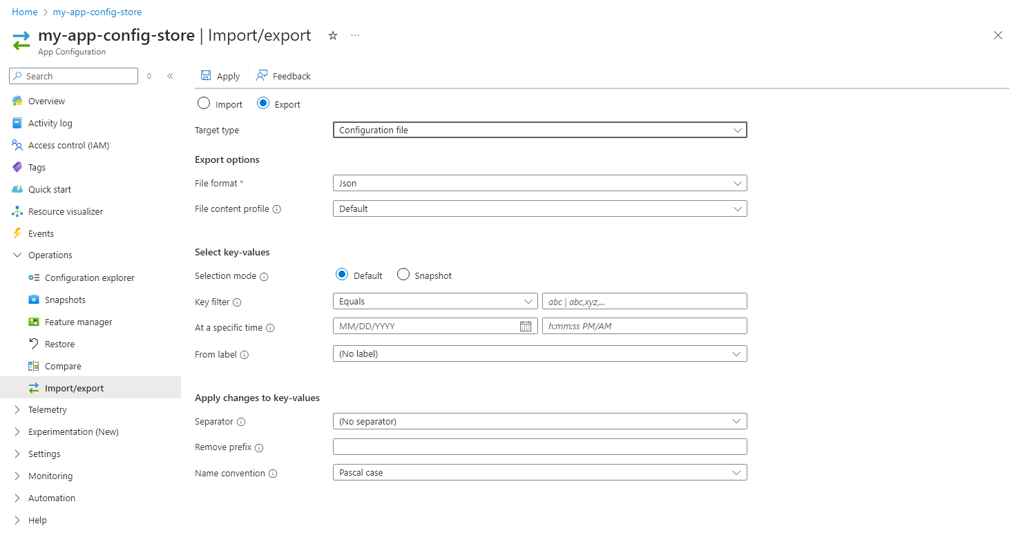 Captura de ecrã do portal do Azure, exportando um ficheiro