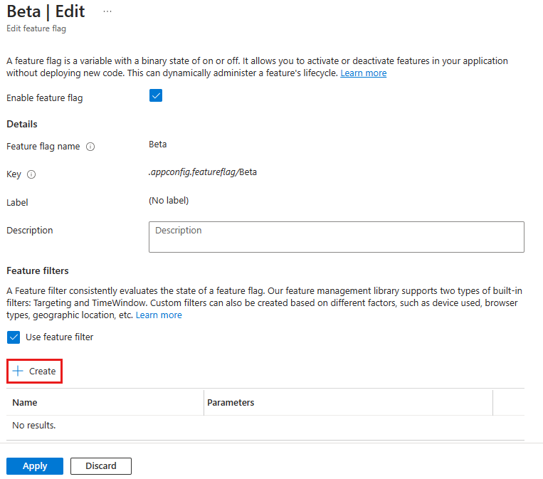 Captura de ecrã do portal do Azure a mostrar como editar um sinalizador de funcionalidade.