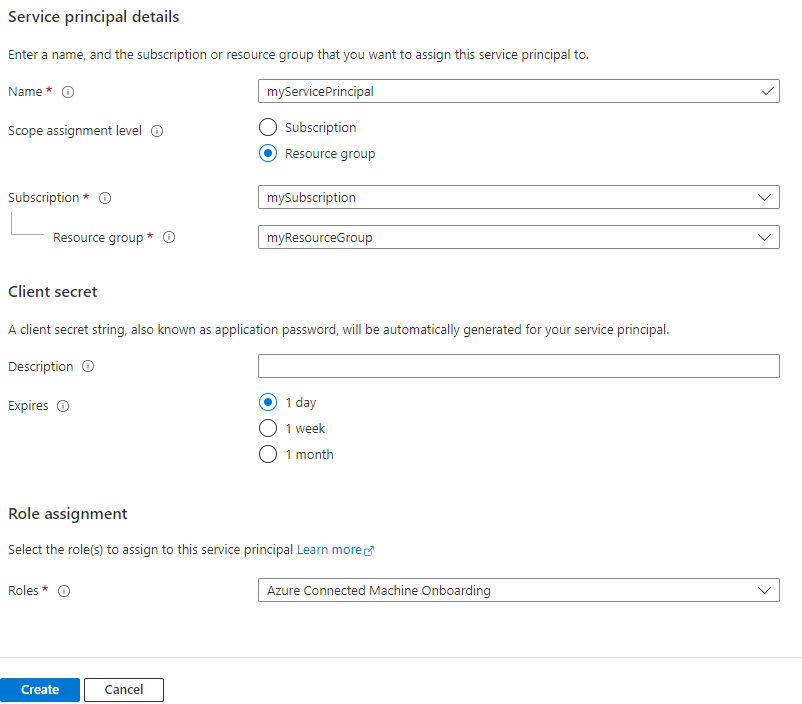 Captura de ecrã do ecrã de criação da entidade de serviço do Azure Arc no portal do Azure.