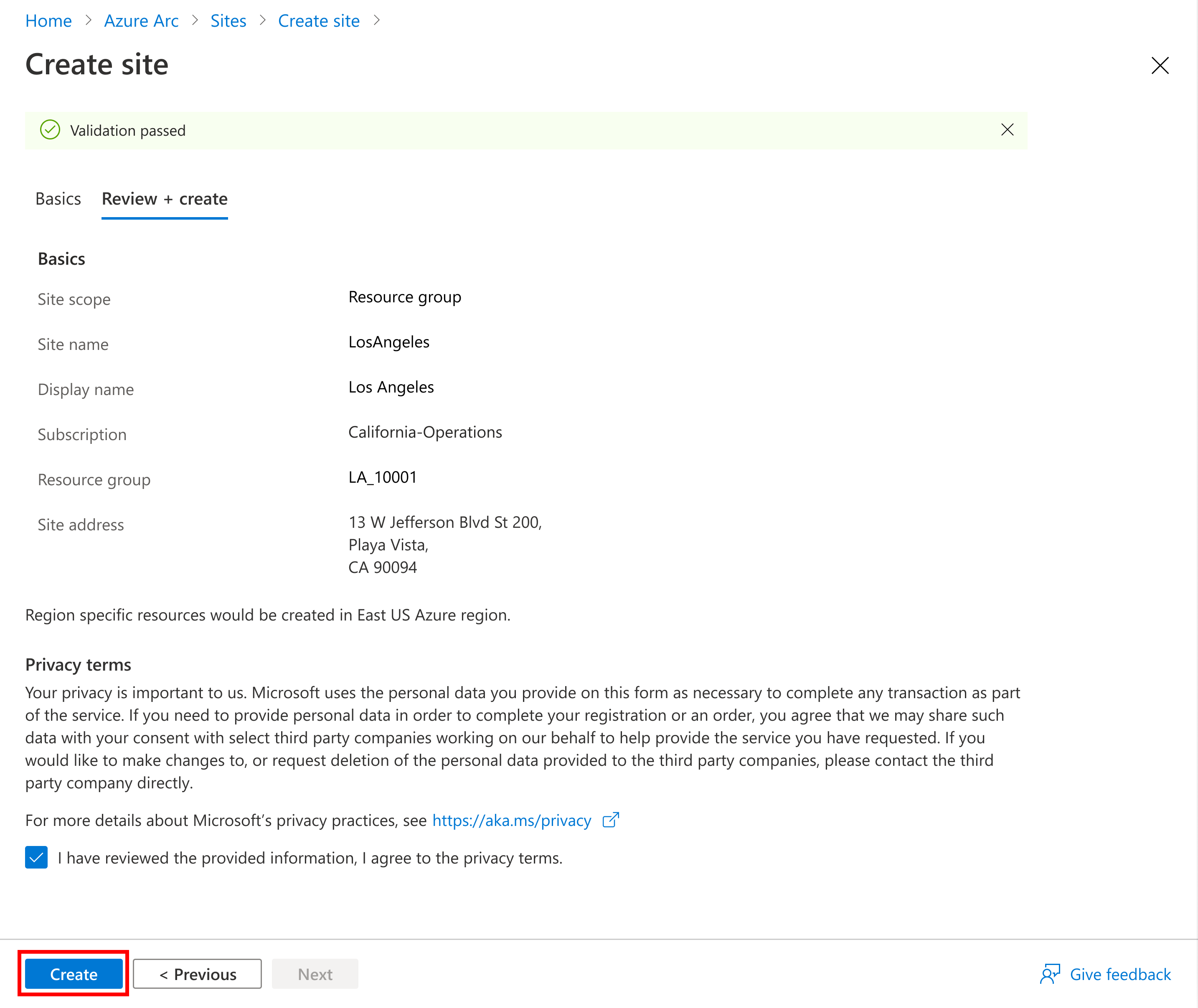 Captura de ecrã que mostra a página de validação e revisão de um novo site e, em seguida, selecione criar.