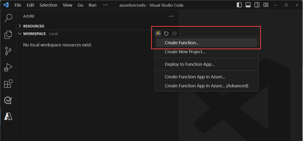 Captura de tela que mostra o ícone para adicionar uma nova função do VS Code.