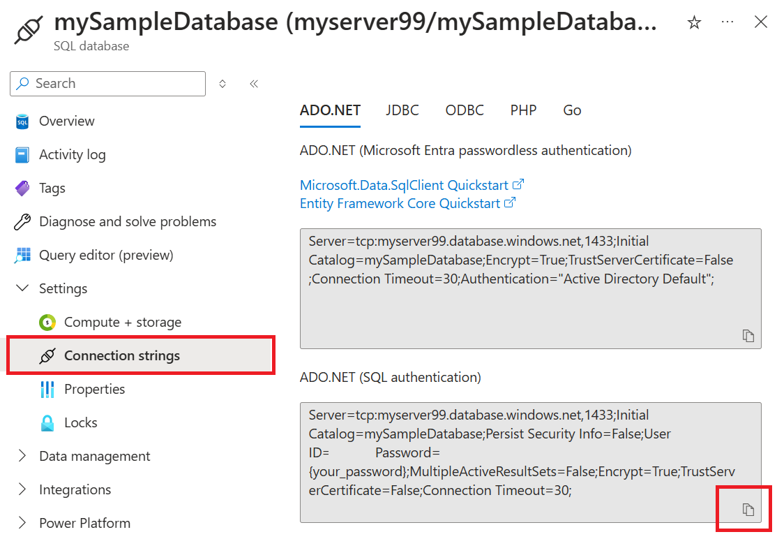 Captura de ecrã a mostrar a cópia da cadeia de ligação da Base de Dados SQL do Azure no portal do Azure.